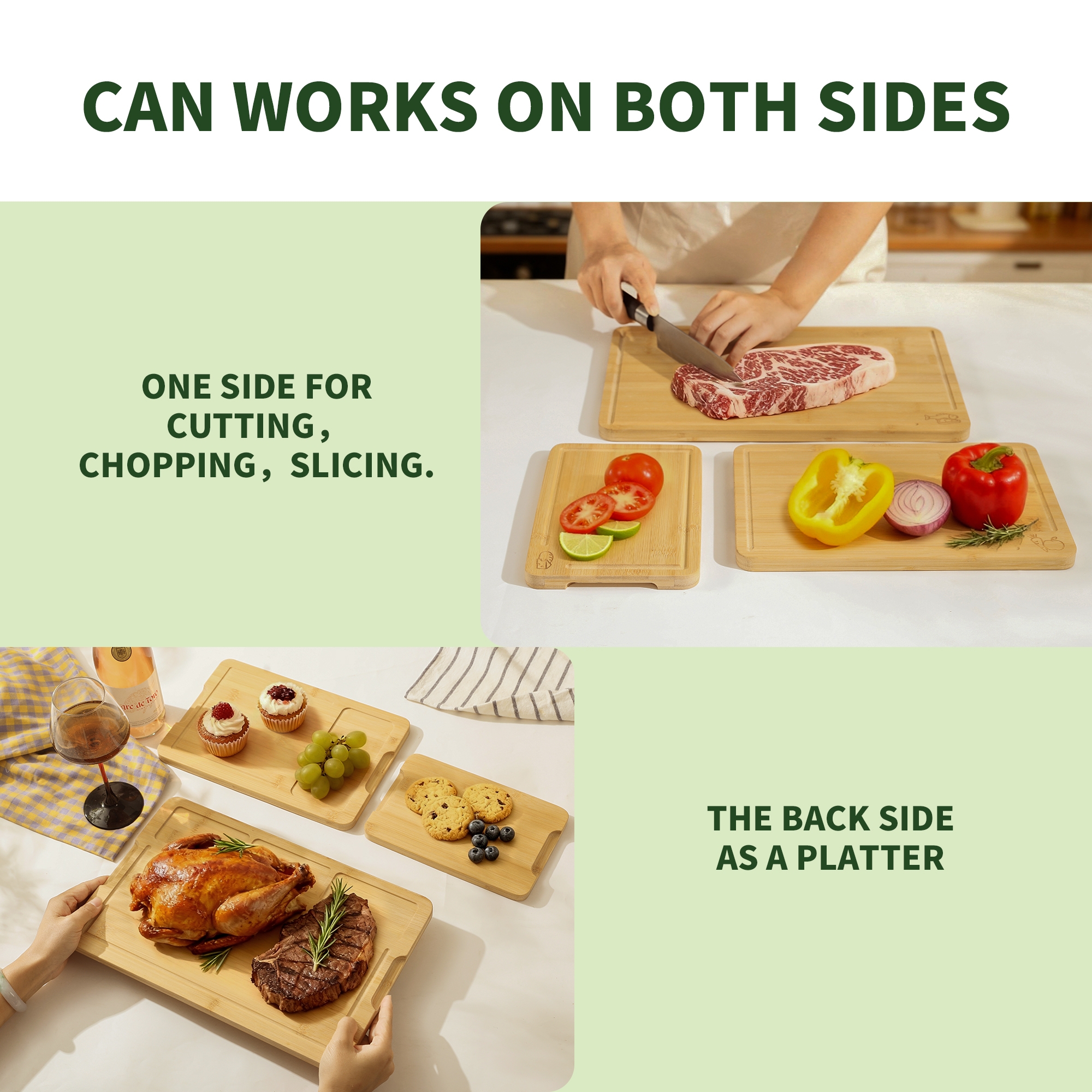 Bamboohomie Bamboo Cutting Board Set of 3 with Stand and Juice Groove, Non-Toxic Chopping Boards for Kitchen, Natural