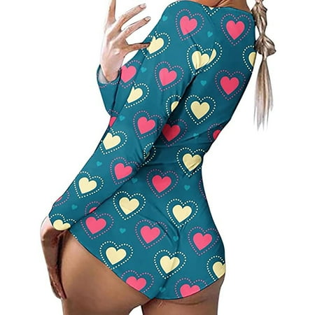 

Womens Sexy Butt Flap Short Jumpsuits Heart Print Long Sleeve Onesies Pajamas Button V Neck Bodysuit Sleepwear Valentines Day Rompers