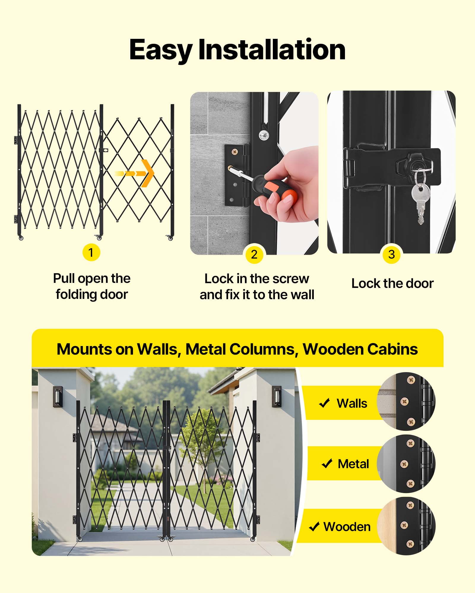 VEVOR Double Folding Security Gate, Lockable Scissor Gate with 360° Swivel Casters, Outdoor Barricade Steel Retractable Gates, for Entry Security, Garage, Warehouse & Pool, 129.92 x 63.19 in (W x H)
