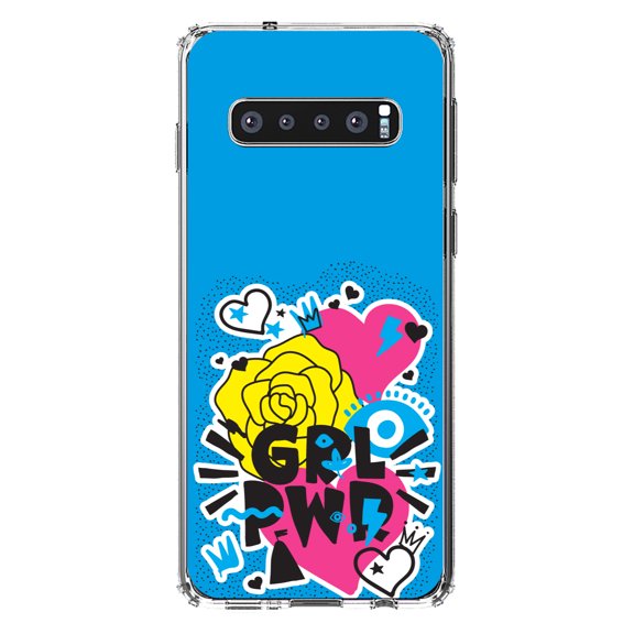 DistinctInk Clear Shockproof Hybrid Case for Samsung Galaxy S10 (6.1" Screen) - TPU Bumper, Acrylic Back, Tempered Glass Screen Protector - Girl Power - GRL PWR - Blue, Pink, Yellow