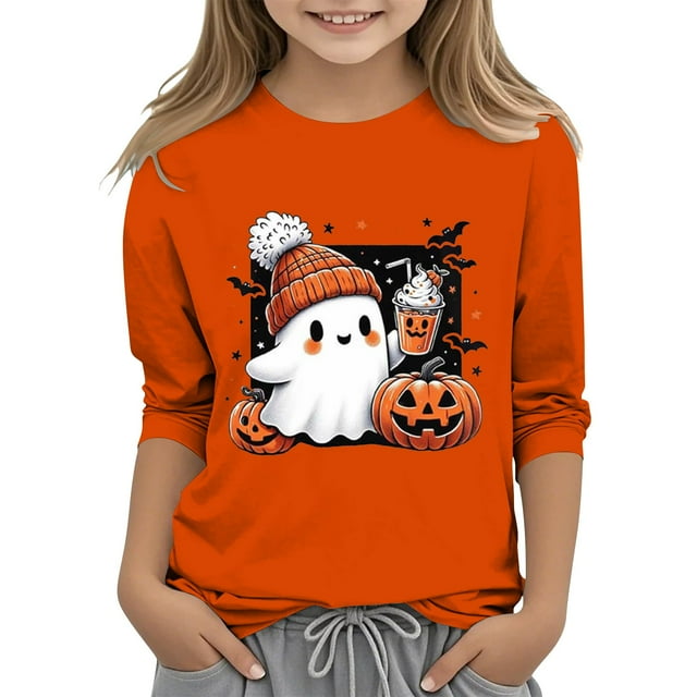 XQYLOS T-Shirt Mignon Festif pour Filles Haut Enfants Jeunes Décontracté Halloween Imprimé 2D Col Rond Manche Trois Quarts Tee T-Shirt Haut Automne Automne Vêtements Mode