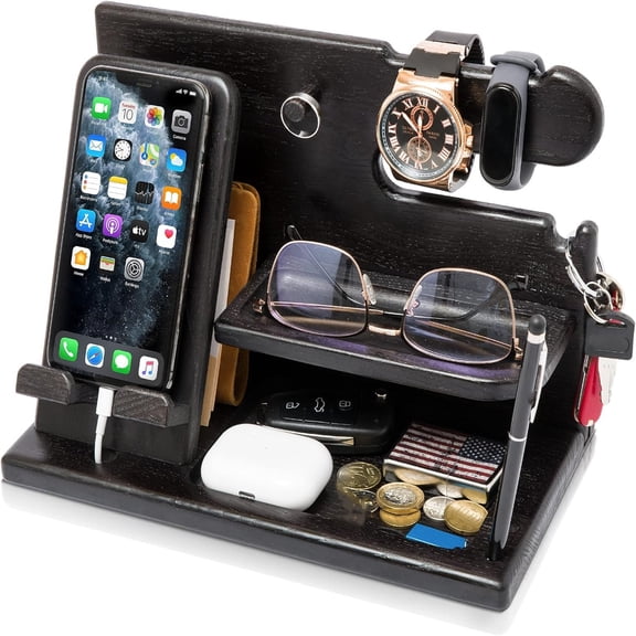 Wood Phone Docking Station for Men - Desk or Nightstand Organizer - Birthday Gifts for Husband, Dad - Anniversary Idea from Wife - Key Holder, Stand Wallet, Watch & Essentials (Granite Black)