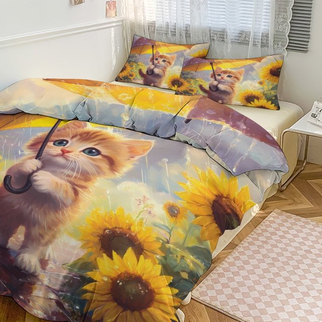 Lindo juego de funda de edredón con diseño de gato y girasoles bajo la lluvia, tamaño king y queen, suave, 3 piezas, 1 funda de edredón y 2 fundas de almohada con cierre de cremallera, 86 x 70