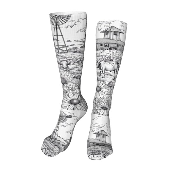 KLL Country Farm Scene Print Cool Socks Men's Women's Crew Socks Funny Crazy Novelty Stockings