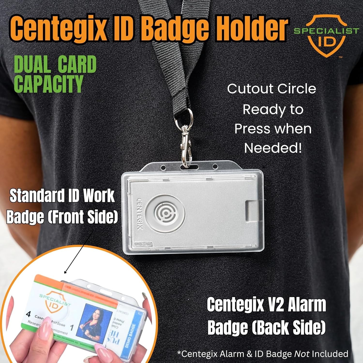 Bulk 20 Pack - Horizontal Centegix Badge Holder for Nurses & Staff - Holds 1 Landscape ID & 1 Centegix V2 CrisisAlert Alarm Badge - Heavy Duty Clear Horizontal Display with Recessed Button Access