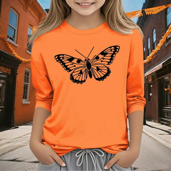 Frwgonr Girls T Shirt Orange Kids Summer Fall Crewneck Tops Cute Tees Blouse Size 3T-14