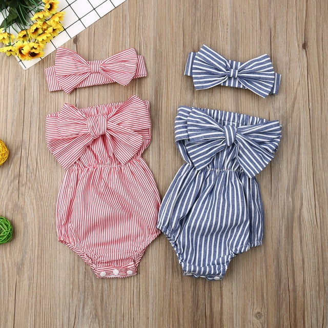 Toddler Baby Girls Summer Clothes Off Shoulder Striped Romper Jumpsuit Outfits Set