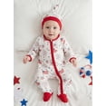 thumbnail image 3 of BemeyourBBs Newborn Baby Boy Girl 4th of July Outfit Patriot Independent Day Footed Romper with Hat Set Flag Firework Print Zip Up Long Sleeve Footie Jumpsuit Baby Spring Fall Summer Winter Clothes, 3 of 9