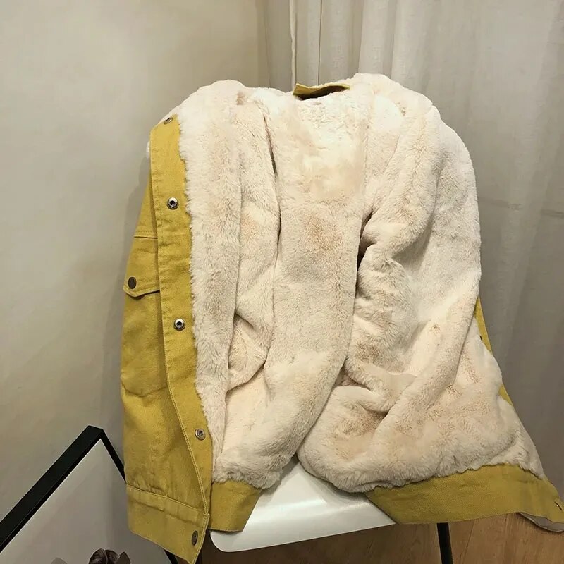 PIKADINGNIS New Winter Denim Jacket Women Korean Casual Thick Warm Plush Parka Ladies Yellow Turndown Collar Chic Tooling Coat - image 3 of 6
