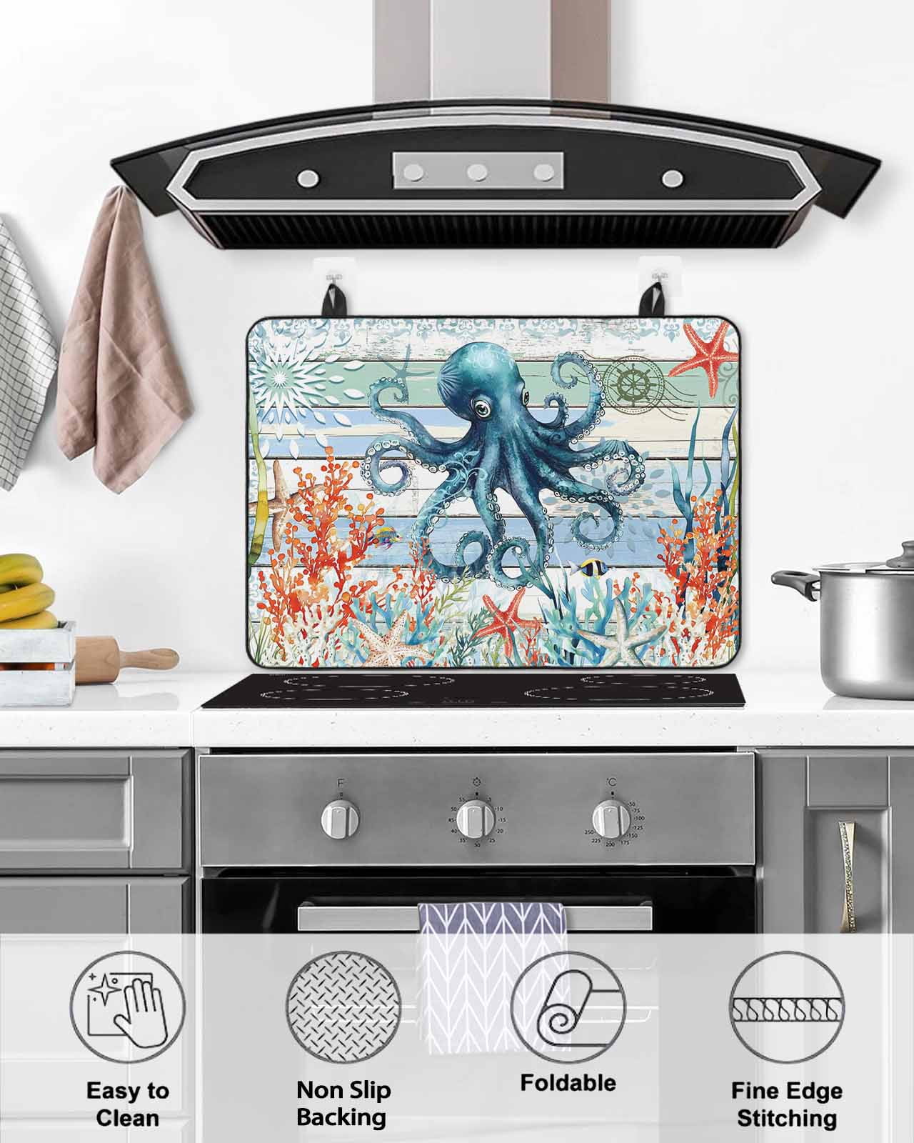 nqOlkjepod Large Induction Cooktop Protector Mat 24"x21", Octopus Coastal Stove Top Covers for Electric Stove, Summer Beach Ocean Coral Wooden Stove Burner Cover Mats, Glass Top Stove Cover