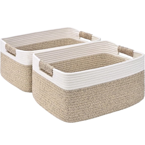 Natubeau Cotton Rope Storage Baskets 2 Pack, 29L Closet Cube Organizer Bins with Reinforced Handles, 17.5"x13"x7" Neutral Woven Shelf Baskets for Nursery Kitchen Clothes Toys, Off White & Brown