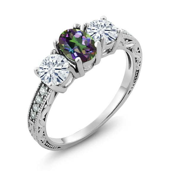 Gem Stone King 925 Sterling Silver 3-Stone Ring Mystic Topaz Moissanite(2.12 Cttw) (Size 9)