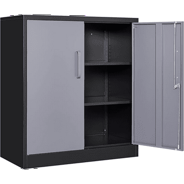 Metal Garage Storage Cabinet with 2 Doors and 2 Adjustable Shelves - 35.5" Steel Lockable File Cabinet,Locking Counter Cabinet for Home Office,Garage,Gym,School（Gray Black）