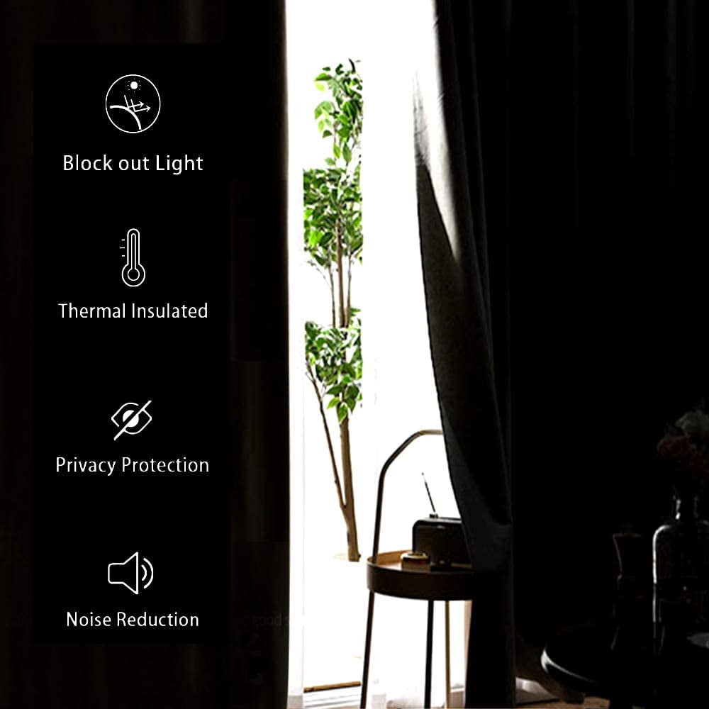 JIUZHEN Black Blackout Curtains for Bedroom Sewn with Tiebacks - Thermal Insulated Light Blocking Grommet Window Curtains for Living Room, 42 x 63 inch Length, Set of 2 Drape Panels