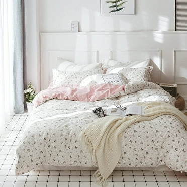 、 Girl Floral Duvet Cover Queen Cotton Pink Flower Coquette Bedding Comforter Covers Queen Bedding Set Pink White Lightweight Soft for Girls Garden Style Duvet Cover Queen for Children