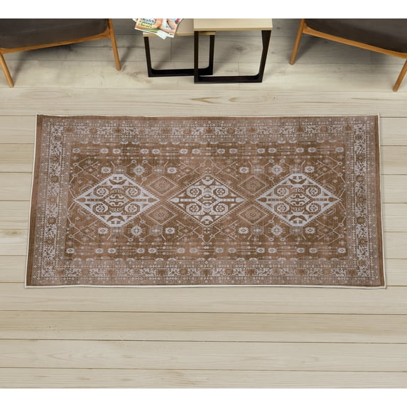 Ethnic Decorative Rug, Folkloric Ginger Toned Ornaments and Shapes Rustic Themed Forms Cultural Art, Quality Carpet for Bedroom Dorm and Living Room, 6 Sizes, Amber and Eggshell, by Ambesonne