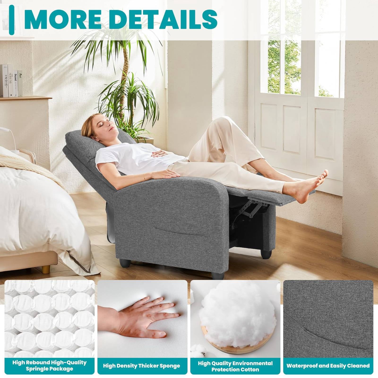 Manual Recliner Chair Sofa with Massage and Heating, Overstuffed Push Back Reline Chair, Lumbar Support Home Theater for Living Room, Grey