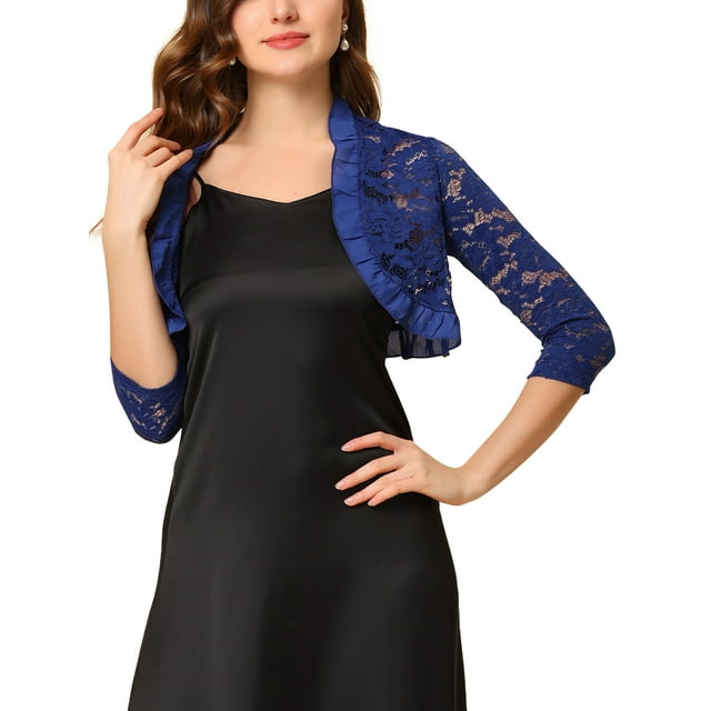 INSPIRE CHIC Women's Elegant Ruffle Collar Front 3/4 Sleeve Lace Shrug Top