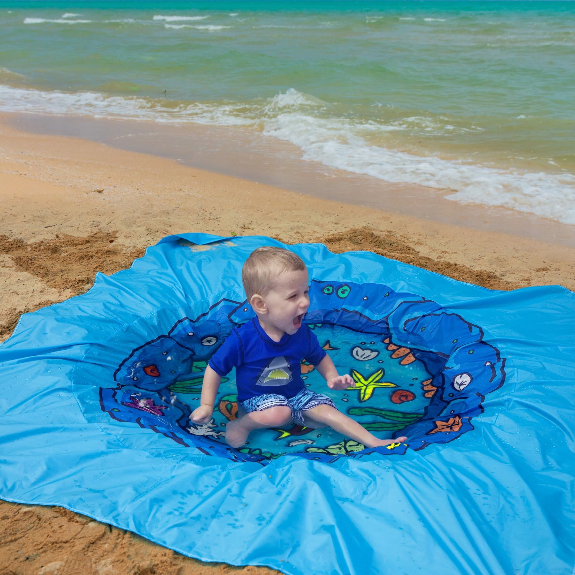 Ebaokuup 6.6 x 6.6 Ft Portable Baby Beach Pool, Waterproof Beach Pool Blanket for Toddler with Water Bag, Collapsible Beach Puddle Mat for Boys Girls Kids Infant Outdoor Summer Vacation