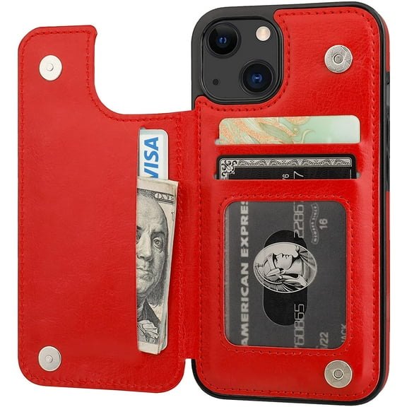 MYKOMI Compatible with iPhone 13 Wallet Case with Card Holder, PU Leather Kickstand Card Slots Case, Double Magnetic Clasp Durable Shockproof Cover 6.1 Inch(Red)