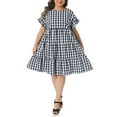thumbnail image 2 of Agnes Orinda Women's Plus Size Easter Gingham Dresses 1950s Plaid Round Neck Ruffle Sleeve Tiered Babydoll Summer Casual Midi Dress with Pocket 1X Black, 2 of 6