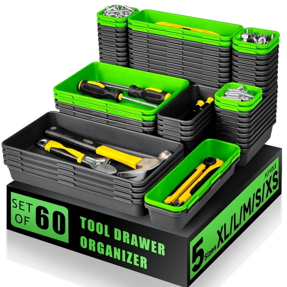 Iweighoola 60PCS Tool Box Organizer Tray Set, Interlocking Drawer Storage Bins for Chest, Garage, Desk, Rolling Tool Cart (Black Green)