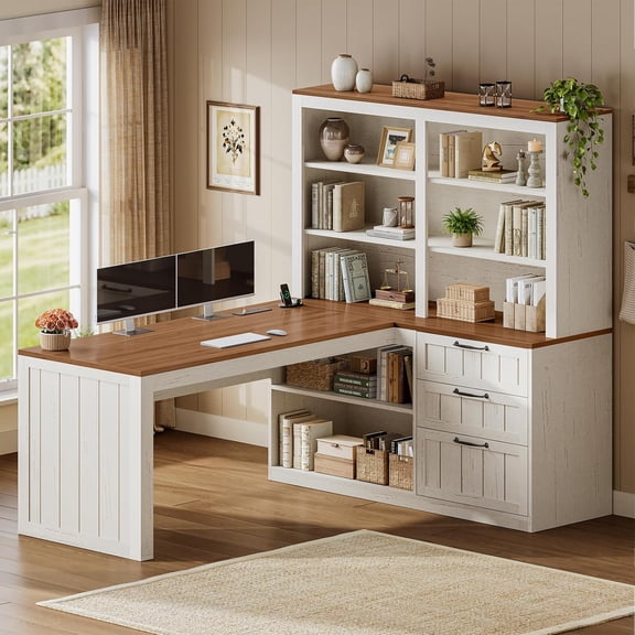 SEDETA Farmhouse L Shaped Computer Desk with 3 Drawers, 59" Corner Office Desk with 5-Tier Bookshelf Hutch, Wood Writing Table Workstation with Built-in Power Outlet for Home Office, White   Brown