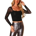 thumbnail image 4 of Blusa de malla brillante con cuello cuadrado y mangas largas INSPIRE CHIC para mujer, XS, negra, 4 of 6