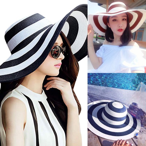 Women's Stripe Bowknot Straw Hat Floppy Foldable Roll Up Beach Sun Cap