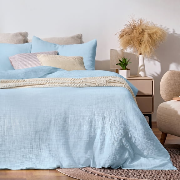 TechForma 100% Cotton Duvet Cover Set, Blue Double Layer Gauze Bed Set,3 pcs Breathable & Crisp Soft Duvet Cover Set,Queen