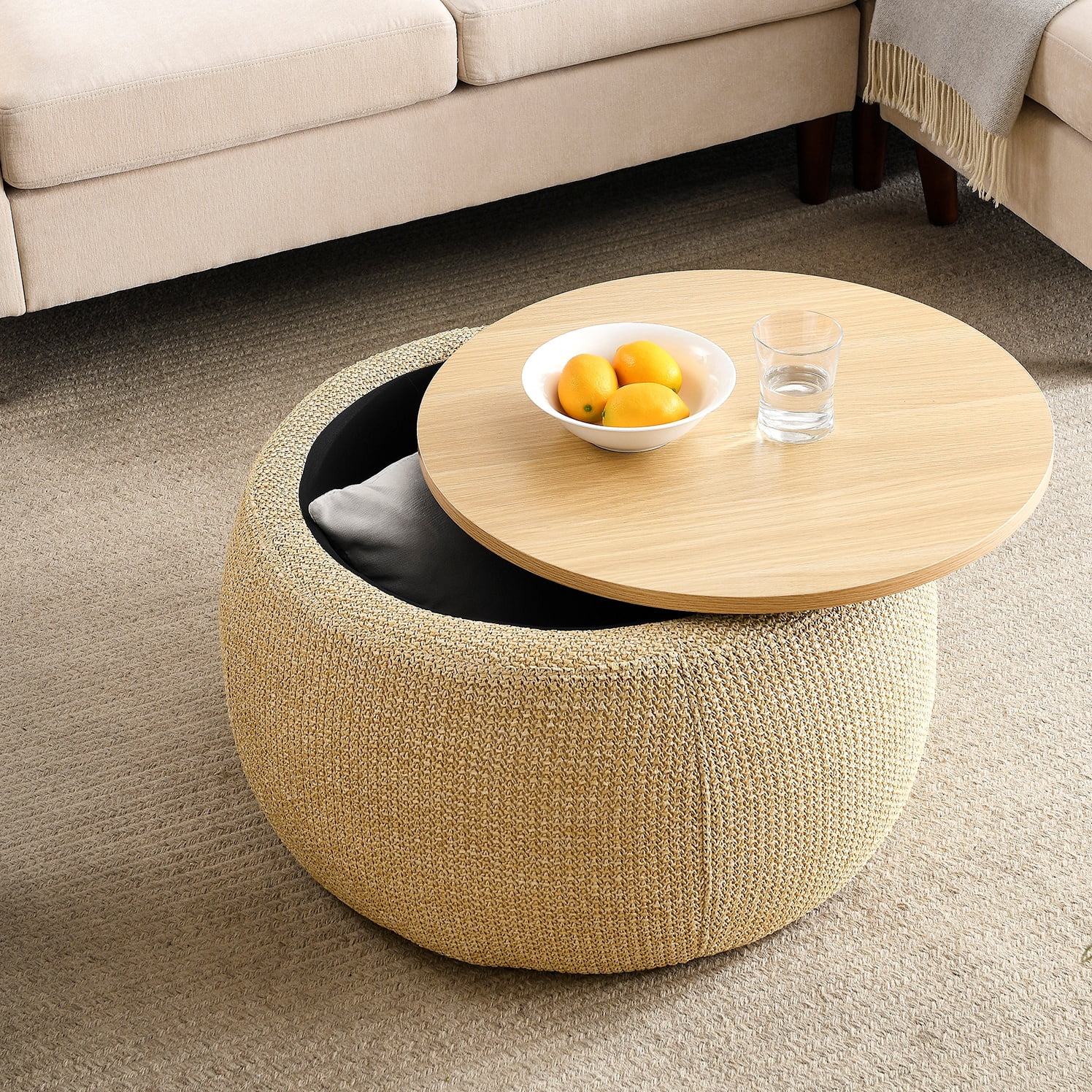 Tcbosik 25.5inch Storage Round Ottoman, End Table with Wood Lid, Footstool for Home Office Living Room, Natural