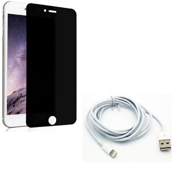 iPhone 7/8 PLUS Privacy Screen Protector w 6ft USB Cable - Tempered Glass Curved Anti-Spy Anti-Peep, Charger Cord Power Wire Long for iPhone 8 PLUS/7 Plus