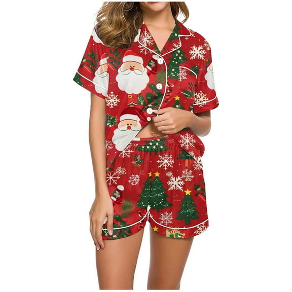 Christmas Lounge Set for Women Button Down Short Sleeve Shirt with Shorts 2 Piece Reindeer Print Cute Soft Sleepwear