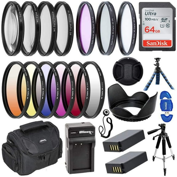 Ultimaxx Professional Nikon P1000 Accessory Bundle Including: SanDisk Ultra 64GB Memory Card, 2x Replacement ENEL20 Battery, 77mm 4PC Macro Close-Up Set, 57” Dynamic Tripod, Deluxe Gadget Bag & More