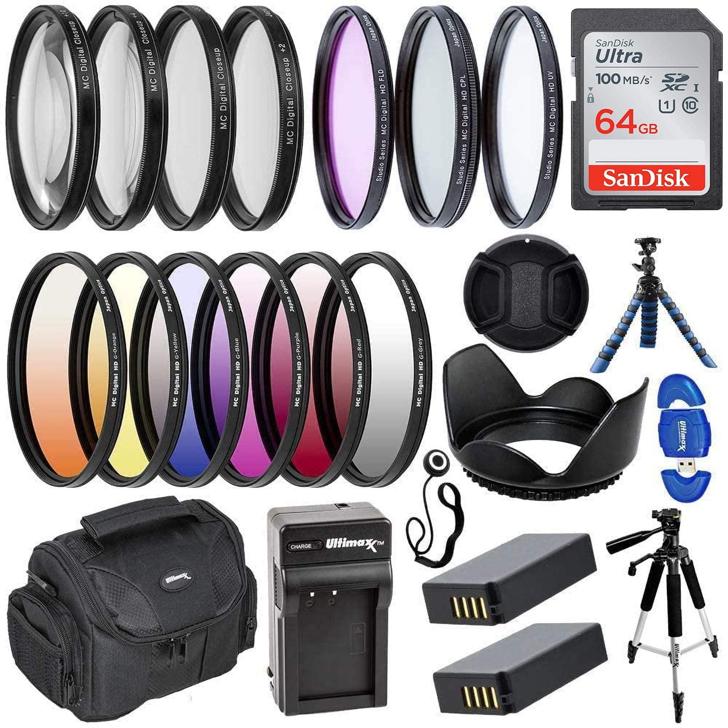 Ultimaxx Professional Nikon P1000 Accessory Bundle Including: SanDisk Ultra 64GB Memory Card 2x Replacement ENEL20 Battery 77mm 4PC Macro Close-Up Set 57” Dynamic Tripod Deluxe Gadget Bag & More
