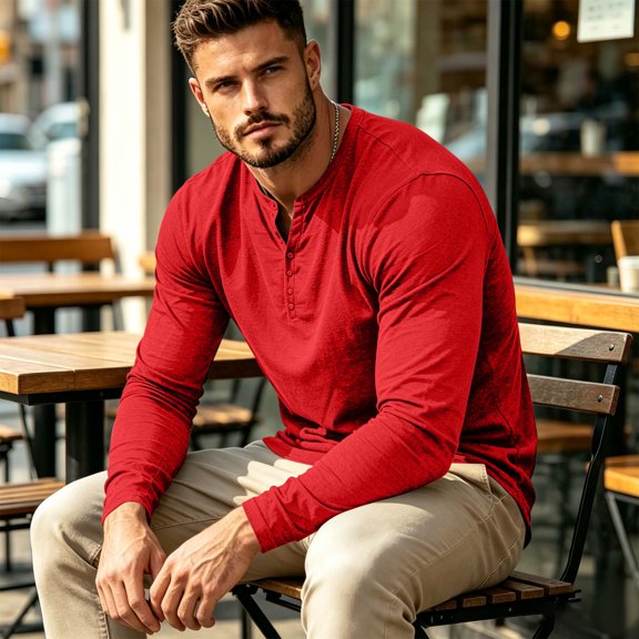 Domuza Mens Long Sleeve Henley Shirt Lightweight Quarter Button Pullover Casual Fashion Top for Fall Red L