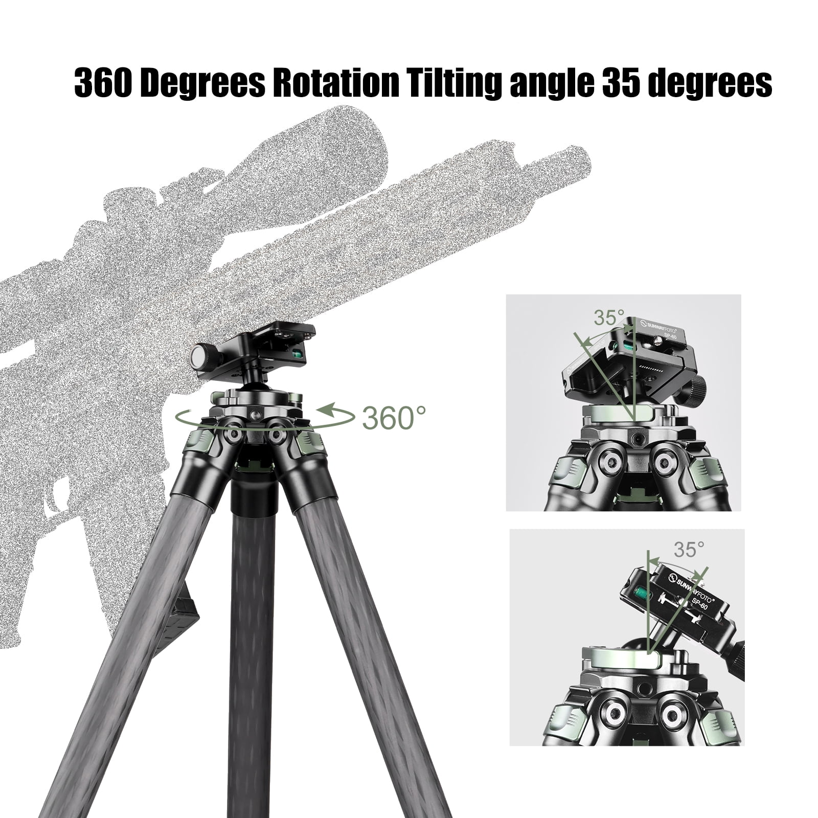 Sunwayfoto T2830CS-P Carbon Fiber Tripod for Hunting with Inverted Ball Head