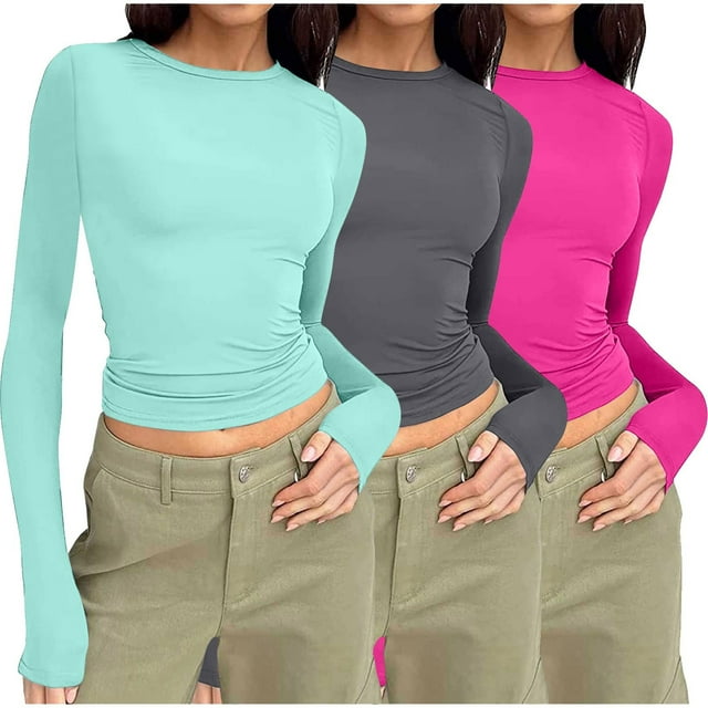 Pisexur 3 Pcs Hauts d'Automne pour Femmes Hauts à Manches Longues pour Femme Mode T-Shirts Courts à Col Rond Décontractés Ajustés Blouses Unies Chandails à Enfiler Hauts Basiques T-Shirts d'Automne