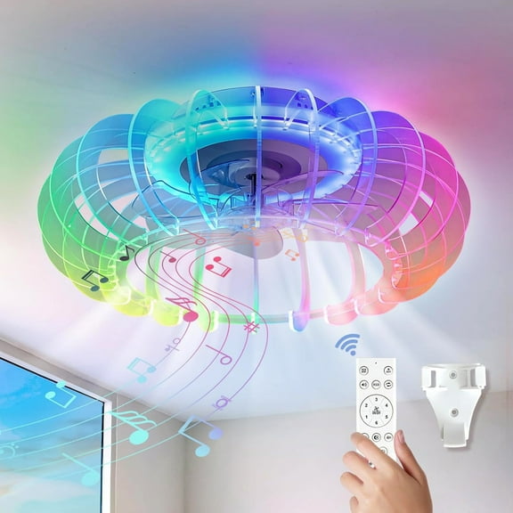 21'' Low Profile Bladeless Ceiling Fan with Lights Dimmable LED Enclosed Ceiling Fans with Light and Remote 6 Wind Speeds Reversible Ceiling Fan with Bluetooth Speaker for Kids Room Bedroom Party