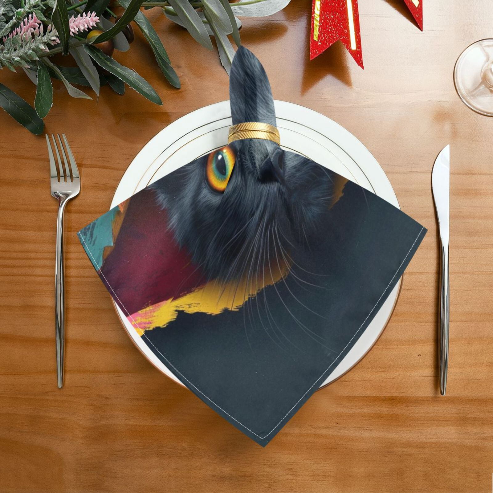 JSTEL 3d Black Cat Cloth Napkins Set of 6, 20x20 Inch Washable and Reusable Napkin for Decoupage Dinner Party Everyday Use