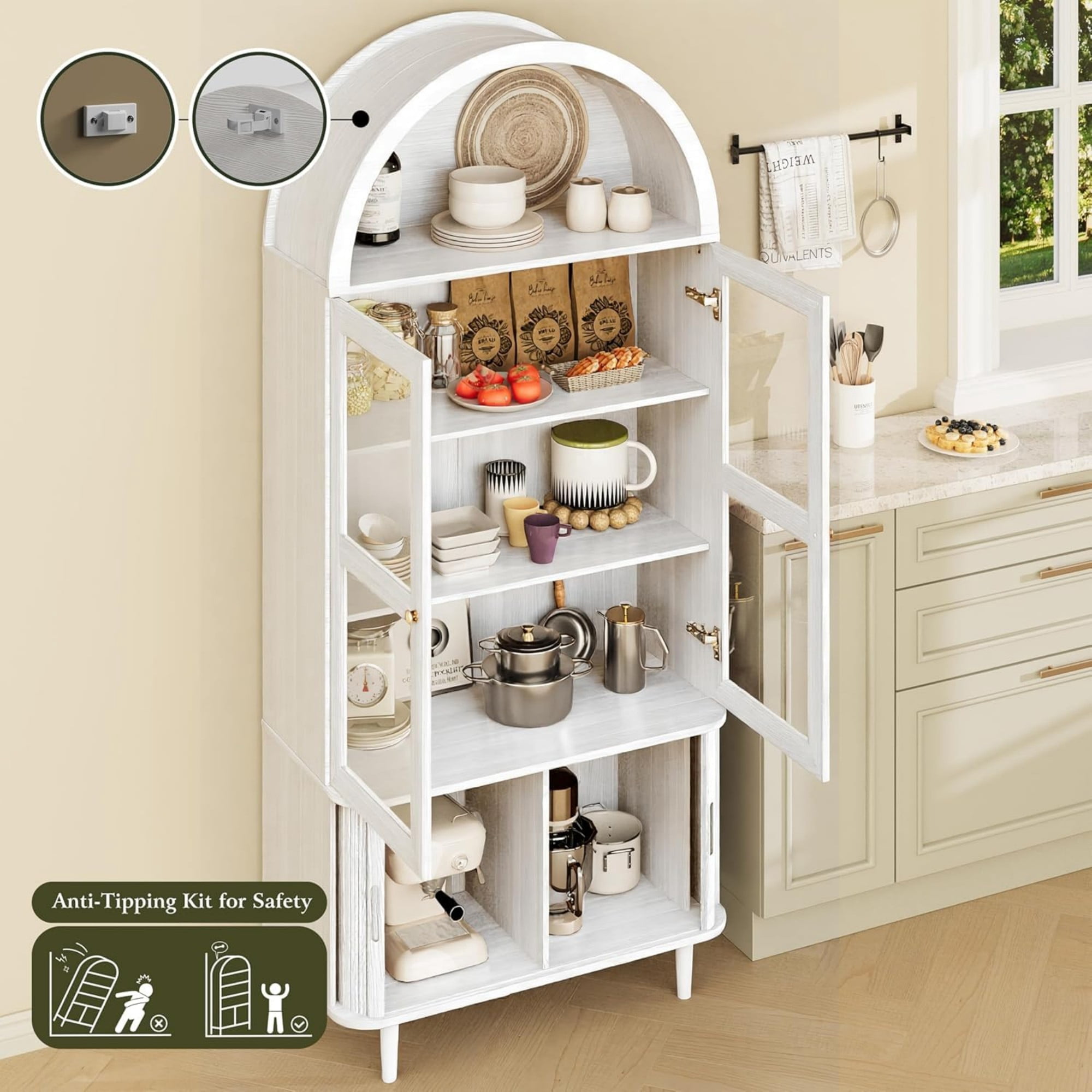 71 Inch Arched Cabinet with Glass Sliding Doors, Fluted Tall Pantry Cabinet with Adjustable Shelves, White