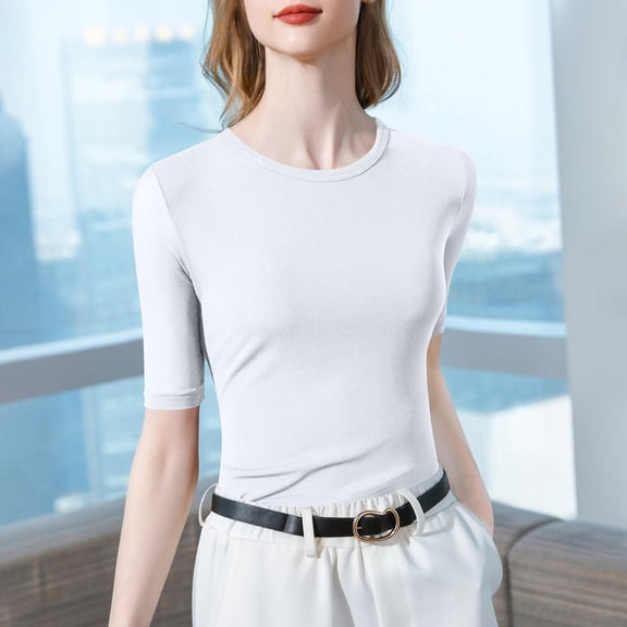 PInxai Workout Tops for Women Round Neck Three Quarter Sleeve Athletic Basic Shirts Slim Quickly Dry Breathable Tops,White,XL