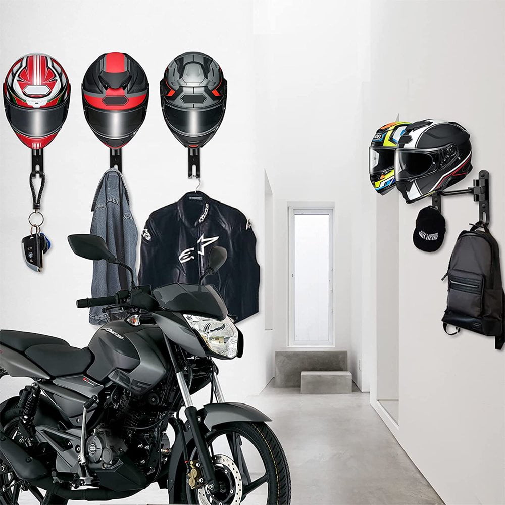 Motorcycle Helmet Rack Wall Mount Stain Steel Helmet Holder 180 Rotation Helmet Hanger with Double Hook Bike Helmet Holder for Motorcycle Bike Coats