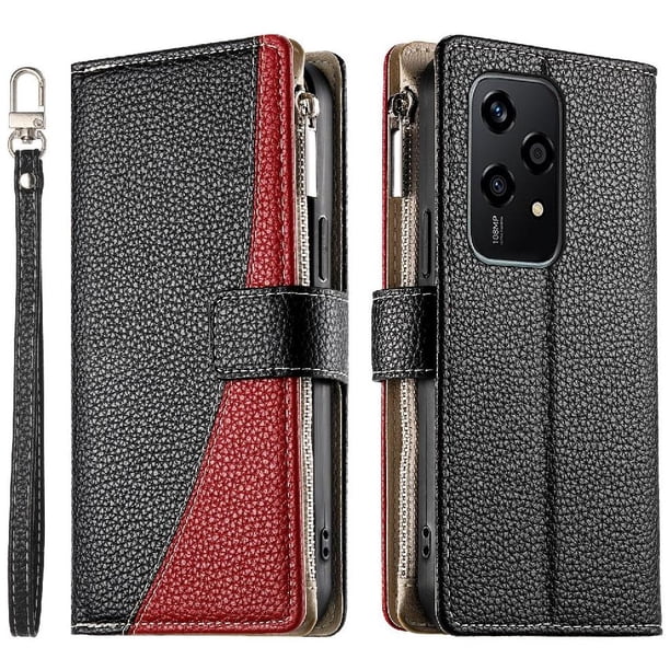 Funda cartera GANGXUN para Honor 200 Lite , cuero PU con tarjetero, cremallera, correa de mano, soporte y protección 1315°