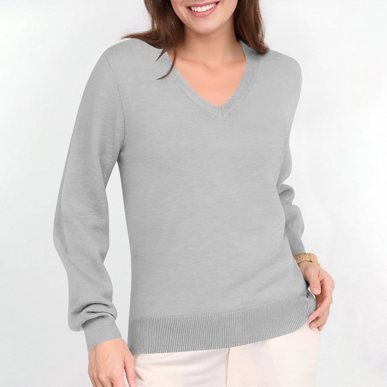 Hvot&aat Womens Solid Color Knitting Sweater Long Sleeve V Neck Classic Pullover Soft Lightweight Tops
