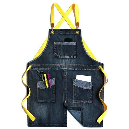 

Sardfxul Women Men for Cross Back Adjustable Jean Bib Apron Buttons Front Vintage Washed Denim Work Apron with Pockets for Garden