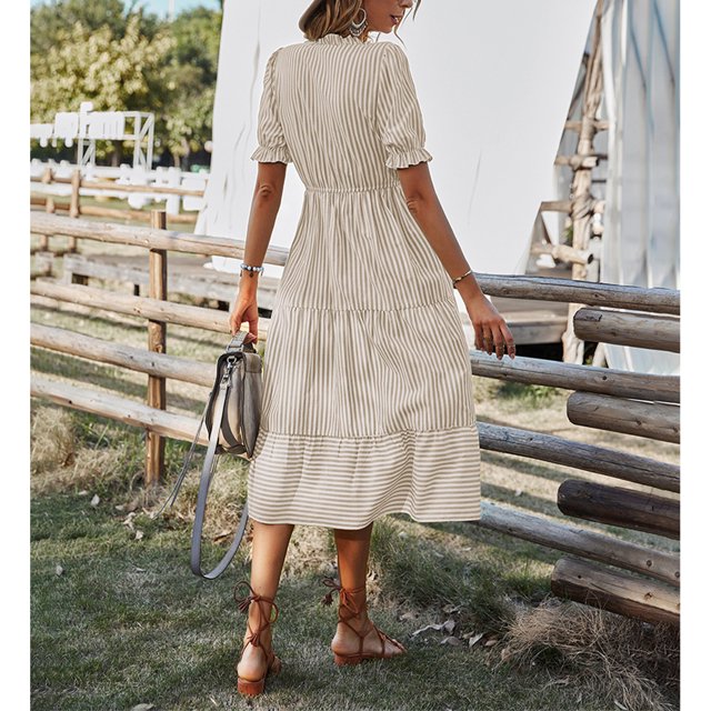 Striped Dress, High Waist Wooden Button Tassel Tie Dress For Daily Work Khaki M