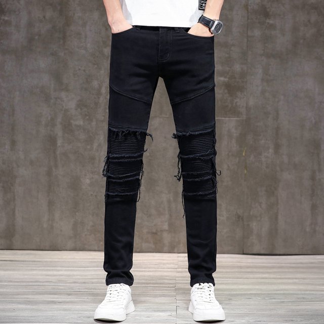 Printemps Automne Nouveau Slim Moto Jeans Stretch Plissée Mode Hip Hop Homme Haute Rue Pantalon Denim