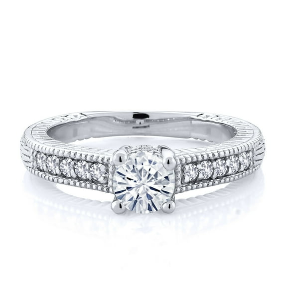 Gem Stone King 925 Sterling Silver White Moissanite and White Created Sapphire Women's Solitaire Ring with Accent Stones (0.65 Cttw, Round Shape 5MM, Size 5)