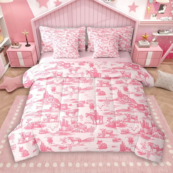 Manfei Western Cowgirl Cowboy 7-Piece Twin Bedding Sets, Tribal Hippie Bohemian Bedding Comforter Set, Pink Rustic Horse Reversible Sheet Sets, Breathable Home Decor